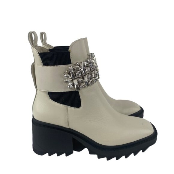 Karl Lagerfeld Paris Ivory Chunky Heel Embellished Platform Combat Boot Size 7.5 - Picture 1 of 11